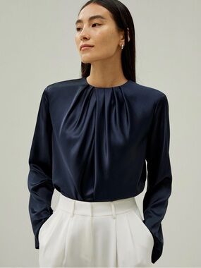 LILYSILK 100% Silk Charmeuse Pleated Front Blouse - Navy Blue - Size Small
